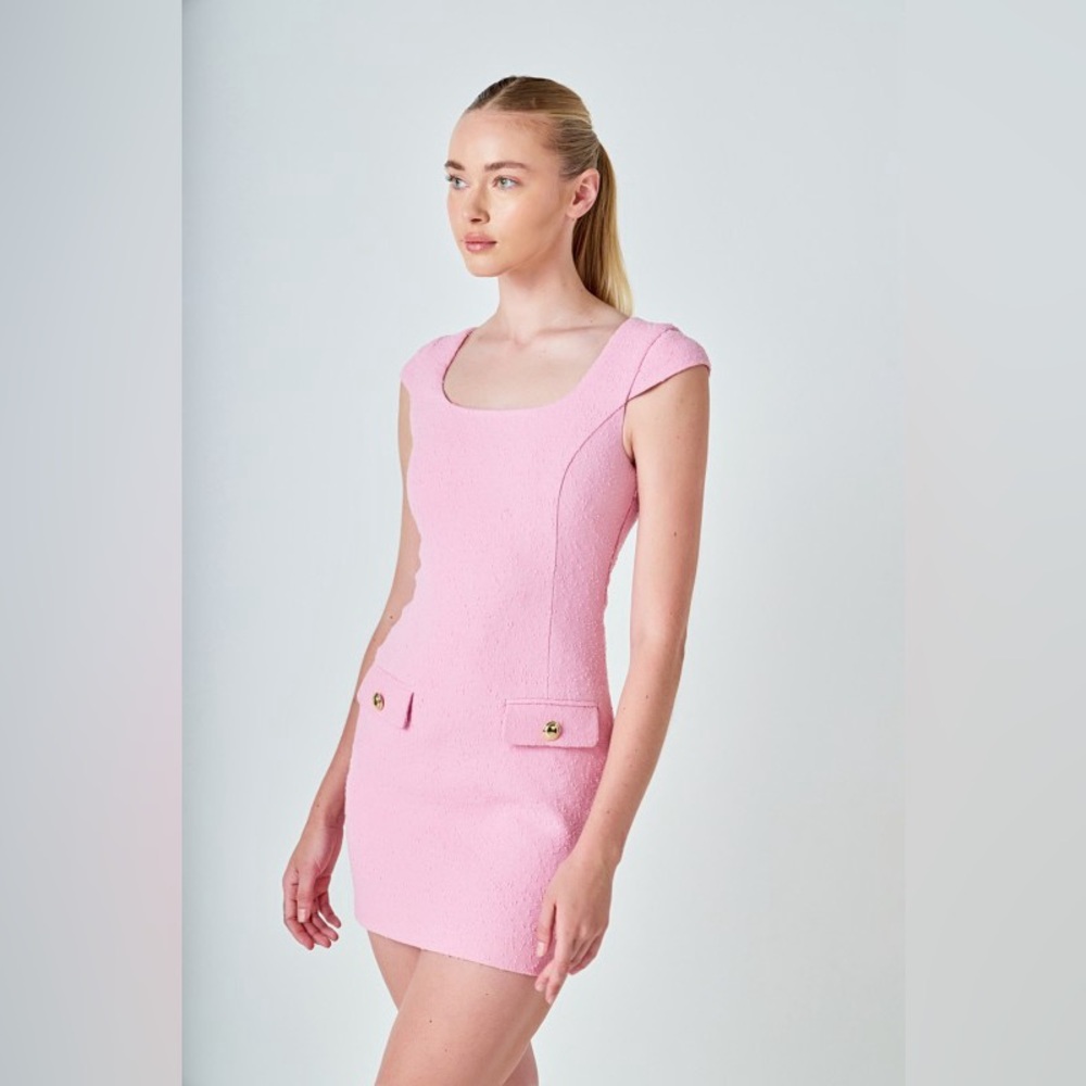 High End Tweed Cap Sleeve Pink Mini Dress